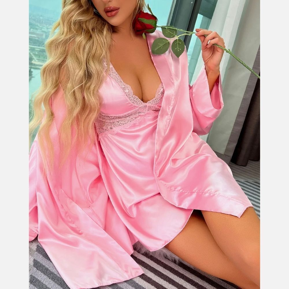 Babydoll Lingerie+Robe Set Women Satin Lace Bathrobe Long Sleeve Robe Nightgown
